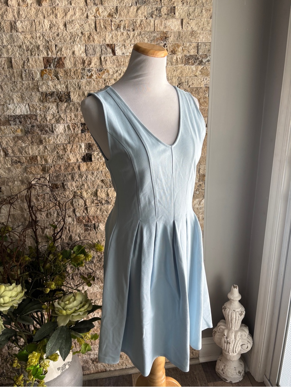 Monteau Light Blue V-Neck Pleated Mini Dress